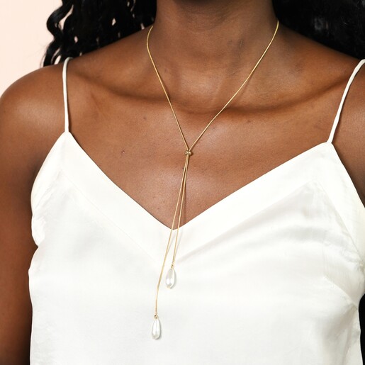Model Wearing Double Pearl Drawstring Necklace