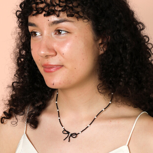 Black Beaded Pearl Bow Pendant Necklace | Lisa Angel