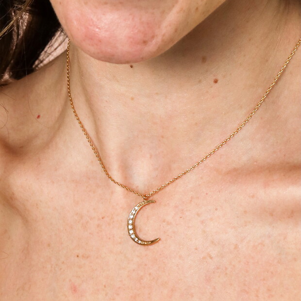 Crystal Moon Pendant Necklace in Gold