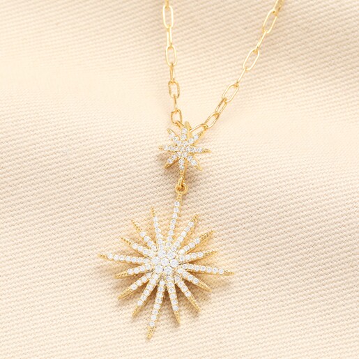 Cubic Zirconia Double Star Pendant Necklace in Gold
