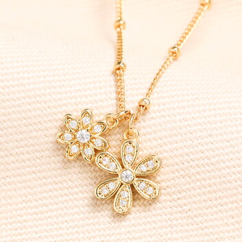 Double Flower Charm Necklace in Gold