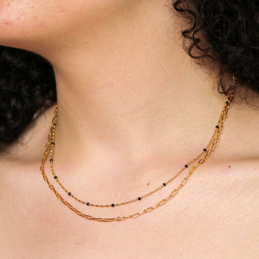 Double Layer Black Beaded Necklace in Gold