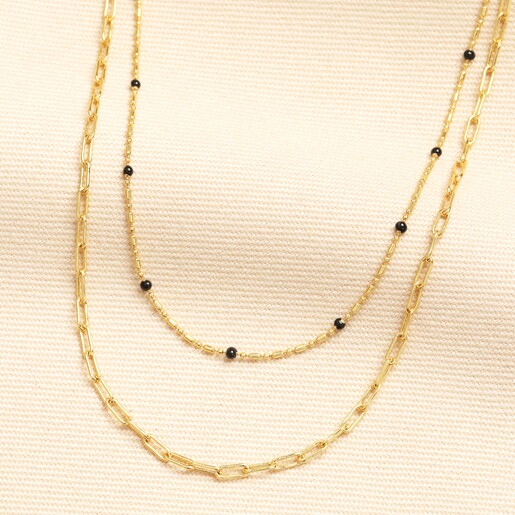 Double Layer Black Beaded Necklace in Gold