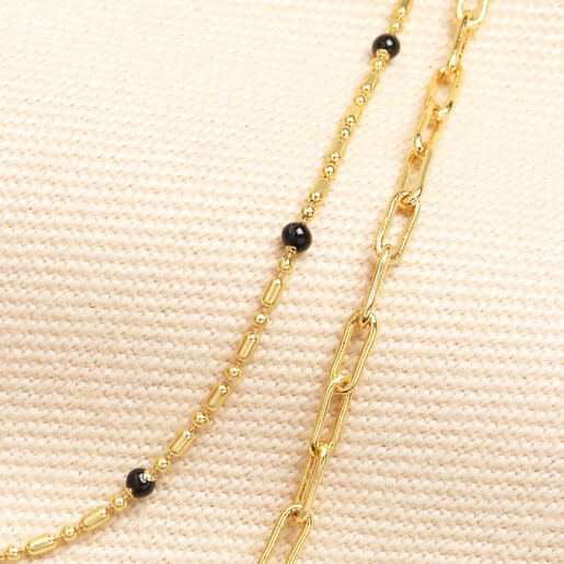 Double Layer Black Beaded Necklace in Gold