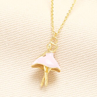 Pink Enamel Ballerina Pendant Necklace in Gold