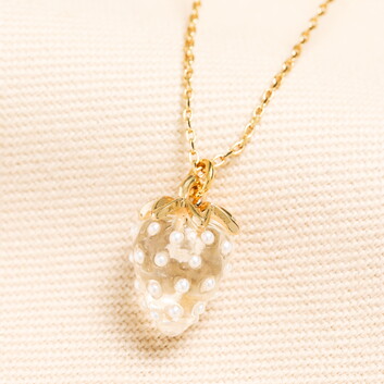 Glass Strawberry Pendant Necklace in Gold