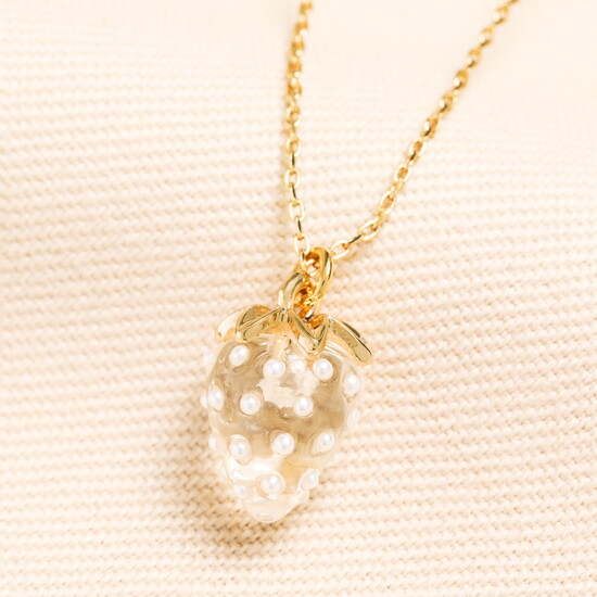 Glass Strawberry Pendant Necklace in Gold