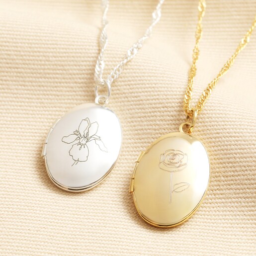 Personalised Birth Flower Oval Locket Necklace