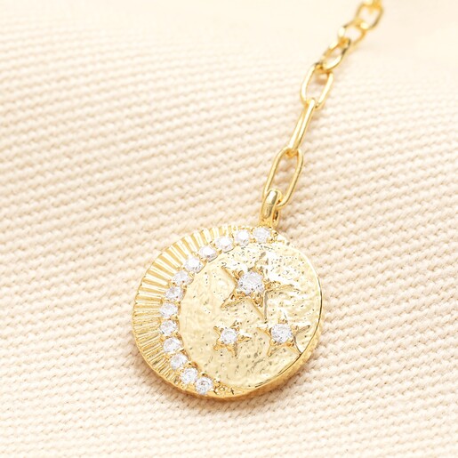 Moon and Star Oval Pendant Necklace in Gold