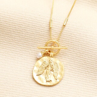 T-Bar Angel Coin Pendant Necklace in Gold