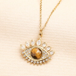 Stainless Steel Tiger's Eye Crystal Pendant Necklace in Gold