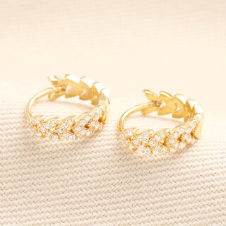 Semi Crystal Leaf Huggie Hoop Earrings in Gold