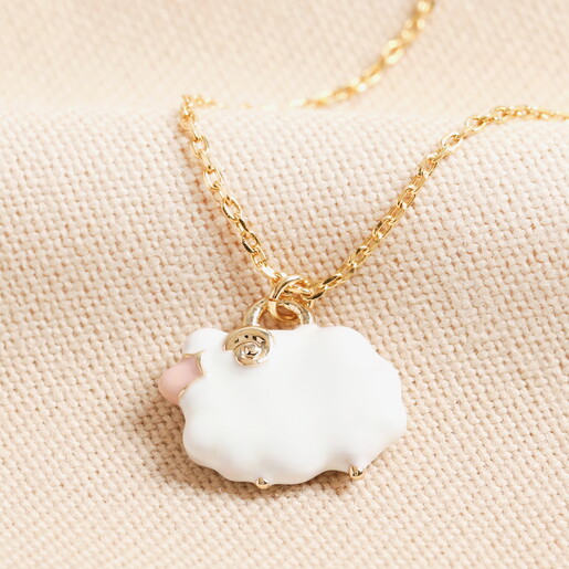 White Enamel Sheep Pendant Necklace in Gold