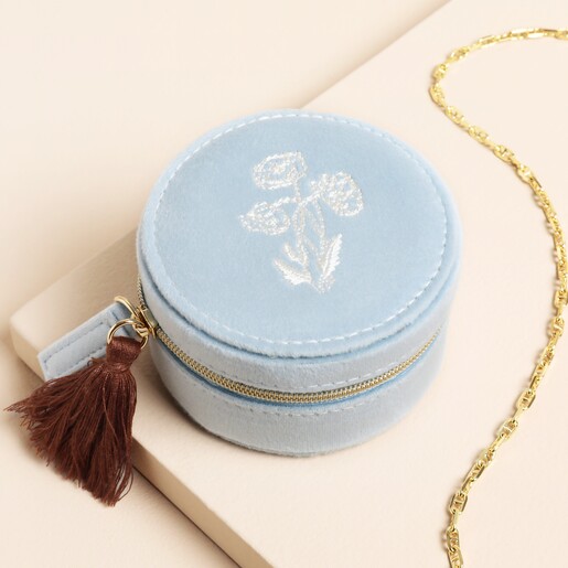 Blue Wildflower Mini Round Travel Jewellery Case on a neutral background