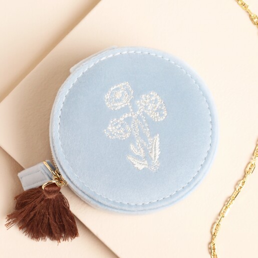 Top view of Blue Wildflower Mini Round Travel Jewellery Case