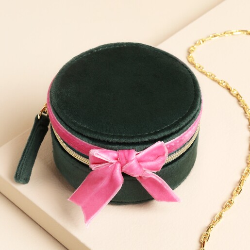 Green and Pink Velvet Bow Mini Round Jewellery Case on a neutral background