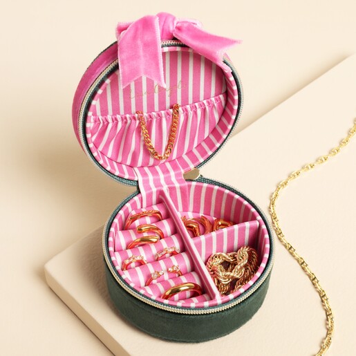 Inside Inside of Personalised Green and Pink Velvet Bow Mini Round Jewellery Case