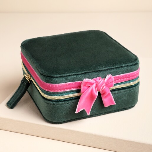 Green and Pink Velvet Bow Square Travel Jewellery Case on a neutral background