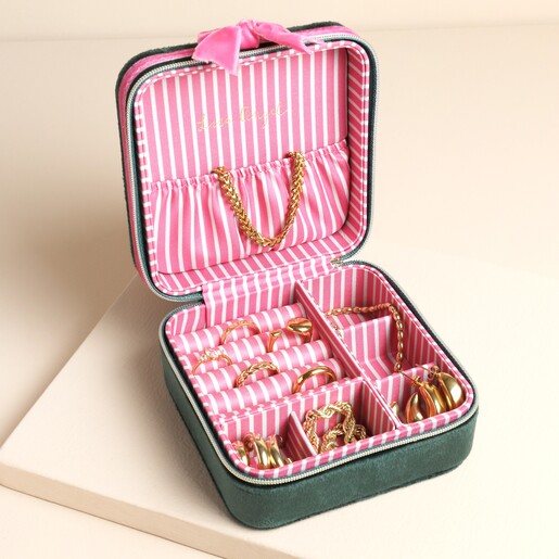 Inside of Green and Pink Velvet Bow Square Travel Jewellery Case showing compartments