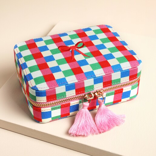 Multi Bright Checkerboard Linen Travel Jewellery Case on a neutral background