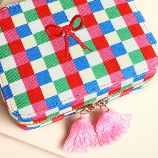 Top of Multi Bright Checkerboard Linen Travel Jewellery Case with bow detail