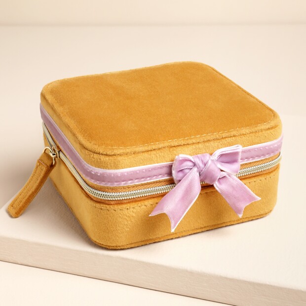 Mustard and Pink Velvet Bow Square Travel Jewellery Case