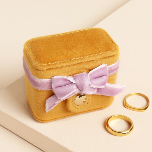 Mustard and Pink Velvet Bow Travel Ring Box on a neutral background