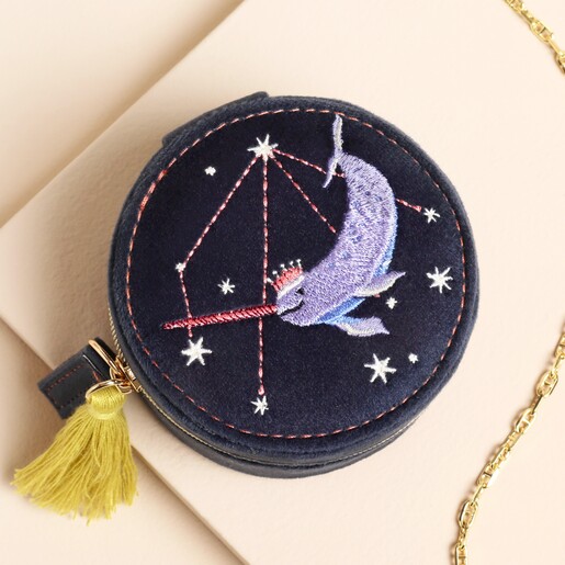 Top of Navy Narwhal Spirit Animal Velvet Round Travel Jewellery Case
