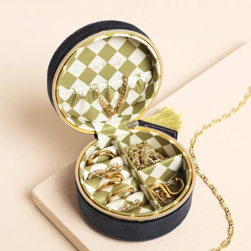 Inner view of Navy Narwhal Spirit Animal Velvet Round Travel Jewellery Case