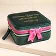 Front view of Personalised Green and Pink Velvet Bow Square Travel Jewellery Case