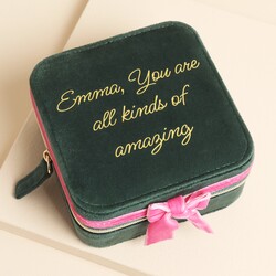 Personalised Green and Pink Velvet Bow Square Travel Jewellery Case
