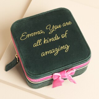 Personalised Green and Pink Velvet Bow Square Travel Jewellery Case