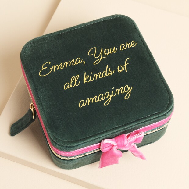 Personalised Green and Pink Velvet Bow Square Travel Jewellery Case Personalised Green and Pink Velvet Bow Square Travel Jewellery Case
