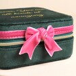 Close up of Personalised Green and Pink Velvet Bow Square Travel Jewellery Case