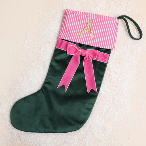 Green and Pink option Personalised Initial Velvet Bow Stocking in Green