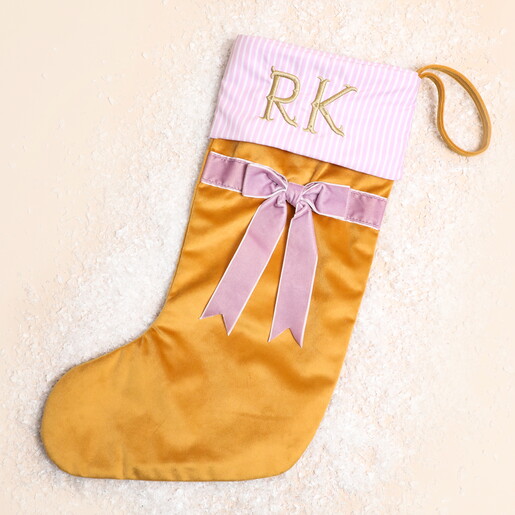 Yellow and pink option Personalised Initial Velvet Bow Stocking in yellow