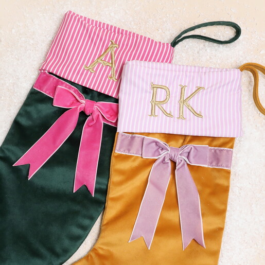 Green and Yellow Options Close up of Personalised Initial Velvet Bow Stocking