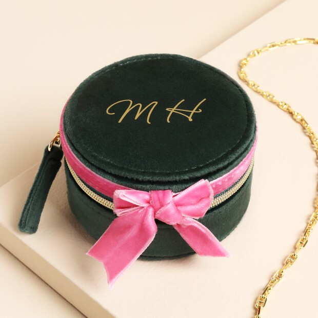 Personalised Green and Pink Velvet Bow Mini Round Jewellery Case Personalised Green and Pink Velvet Bow Mini Round Jewellery Case