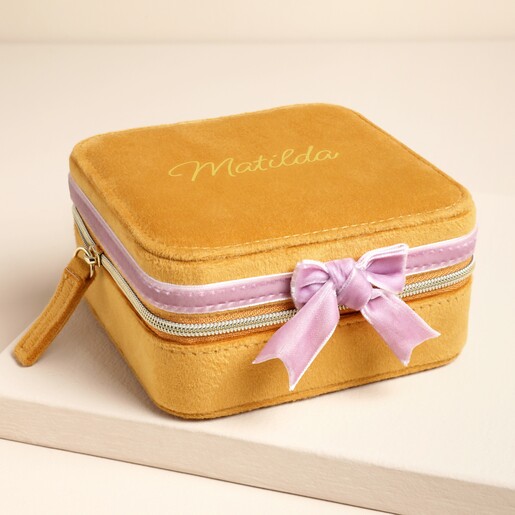 Closed Personalised Pink Bow Mustard Square Travel Jewellery Case