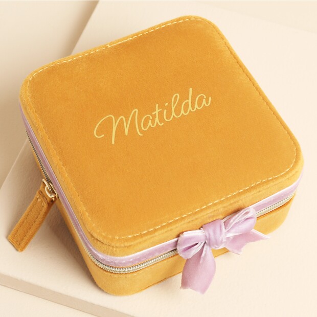 Personalised Mustard and Pink Velvet Bow Square Travel Jewellery Case Personalised Mustard and Pink Velvet Bow Square Travel Jewellery Case