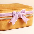 Close Up of Personalised Pink Bow Mustard Square Travel Jewellery Case