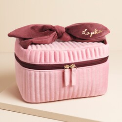 Personalised Large Pink And Burgundy Velvet Bow Vanity Makeup Bag