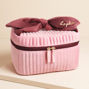Personalised Large Pink And Burgundy Velvet Bow Vanity Makeup Bag