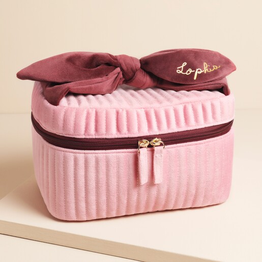 Front of bag Personalised Large Pink And Burgundy Velvet Bow Vanity Makeup Bag front of bag