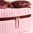 Close up of zip on Personalised Large Pink And Burgundy Velvet Bow Vanity Makeup Bag