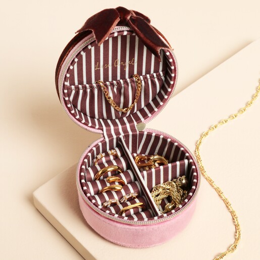 Inside view View of Personalised Pink and Burgundy Velvet Bow Mini Round Jewellery Case inside