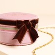 Personalised Pink and Burgundy Velvet Bow Mini Round Jewellery Case bow detail
