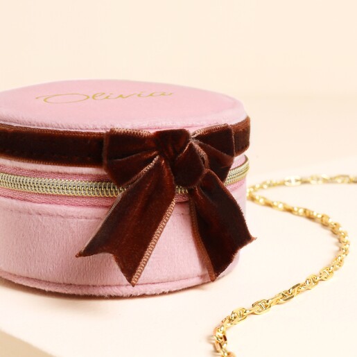 Bow detail Personalised Pink and Burgundy Velvet Bow Mini Round Jewellery Case bow detail