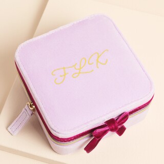 Personalised Lilac and Fuchsia Velvet Bow Square Travel Jewellery Case