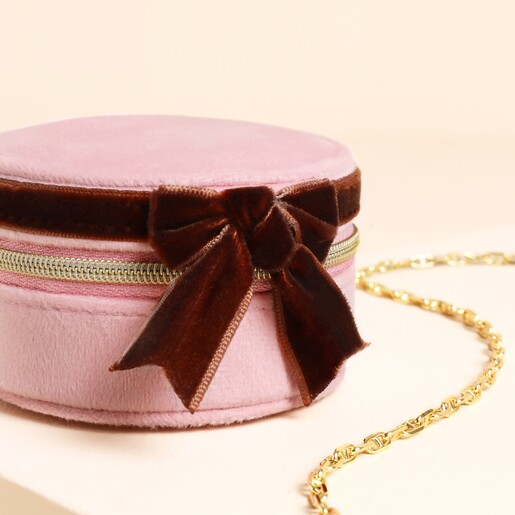 Pink and Burgundy Velvet Bow Mini Round Jewellery Case with bow